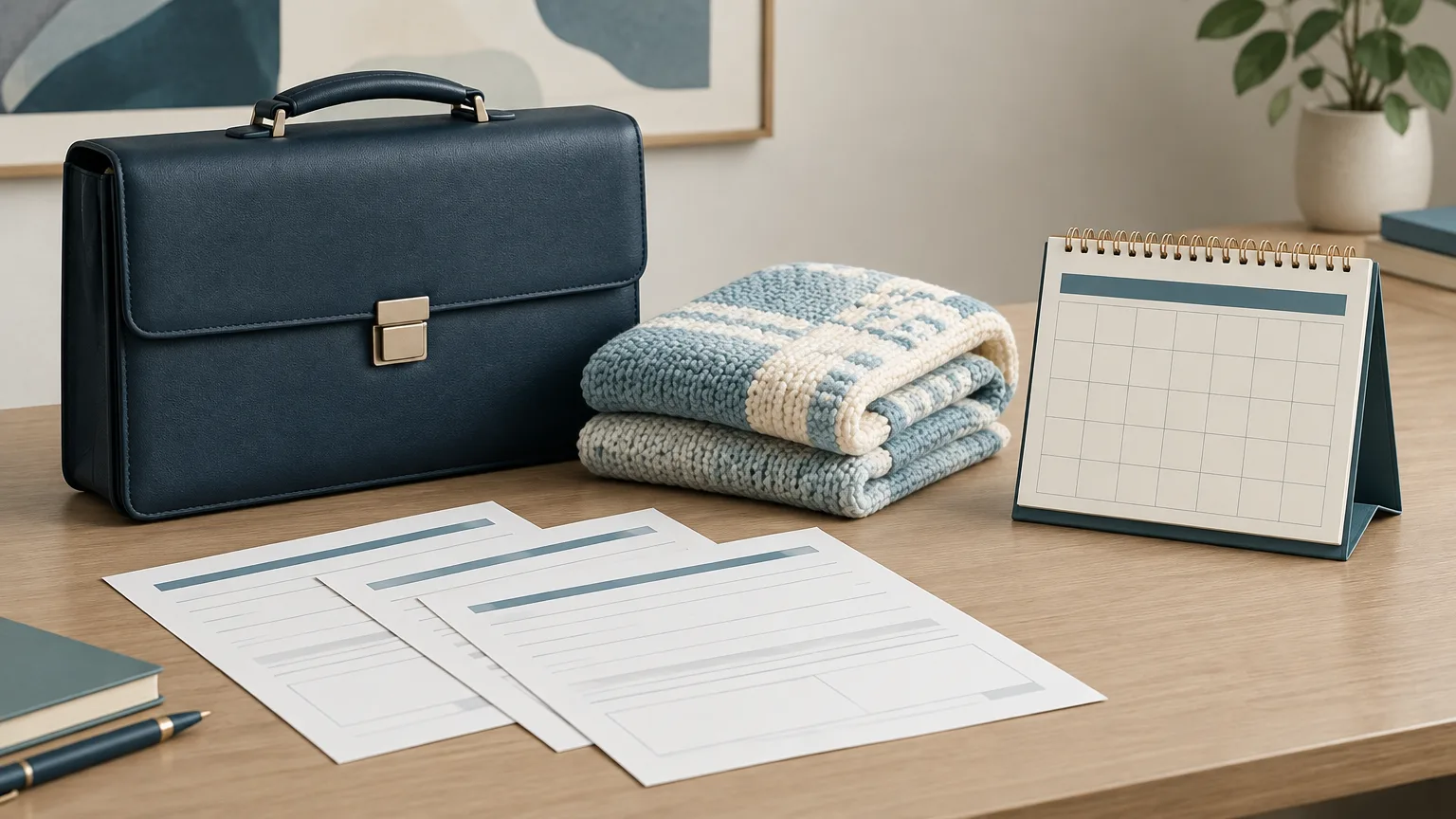 Conceptual illustration of a briefcase, folded baby blanket and blank benefit forms beside a calendar.