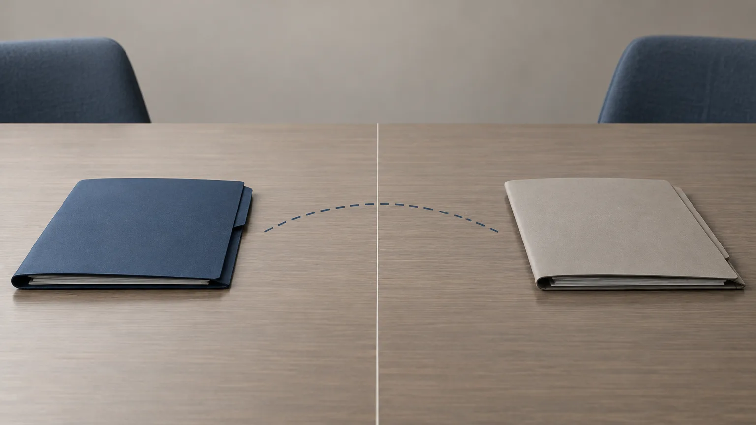 Two blank bargaining folders on a neutral meeting table.