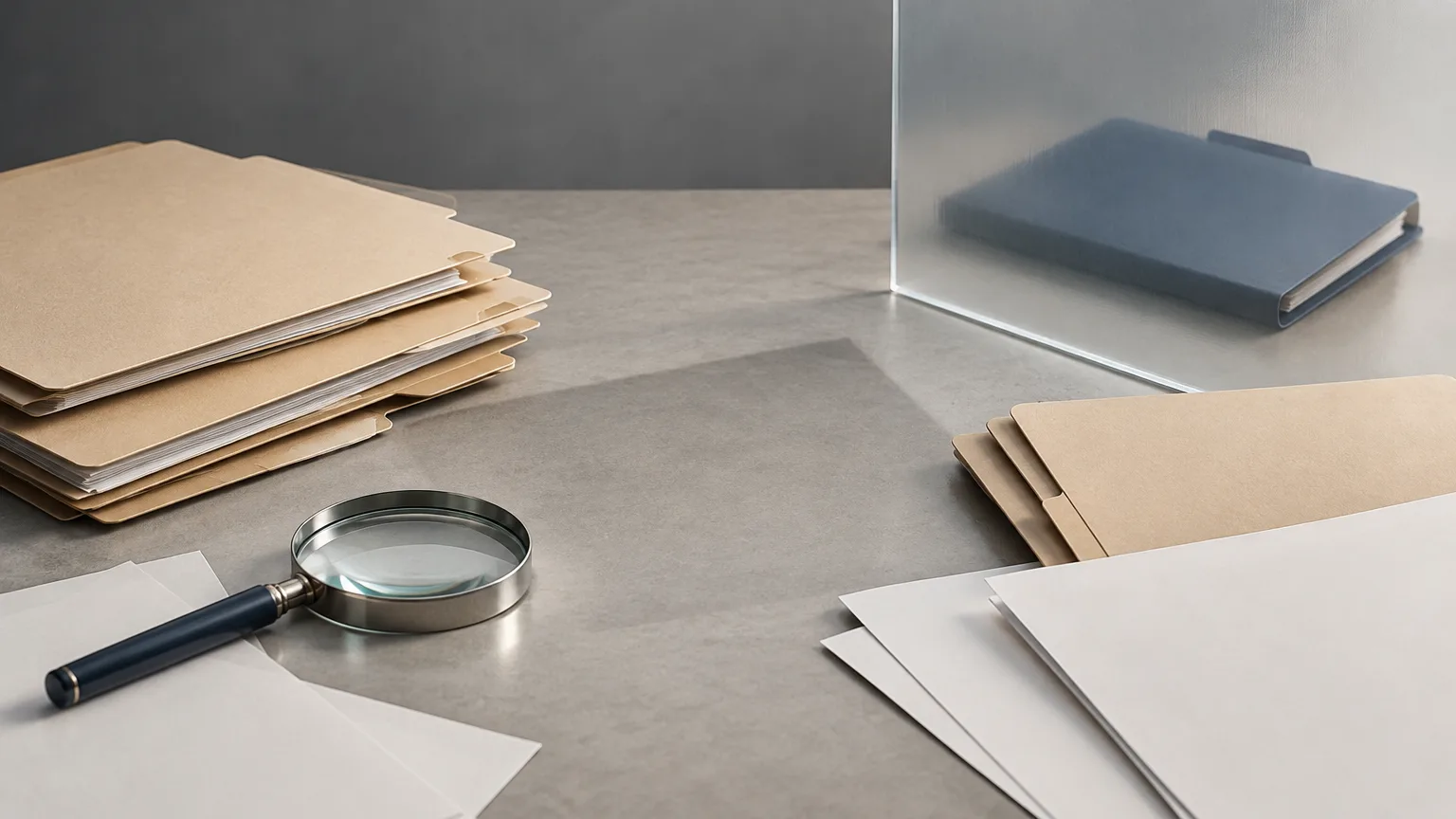 Blank records beside closed file folders on a desk.