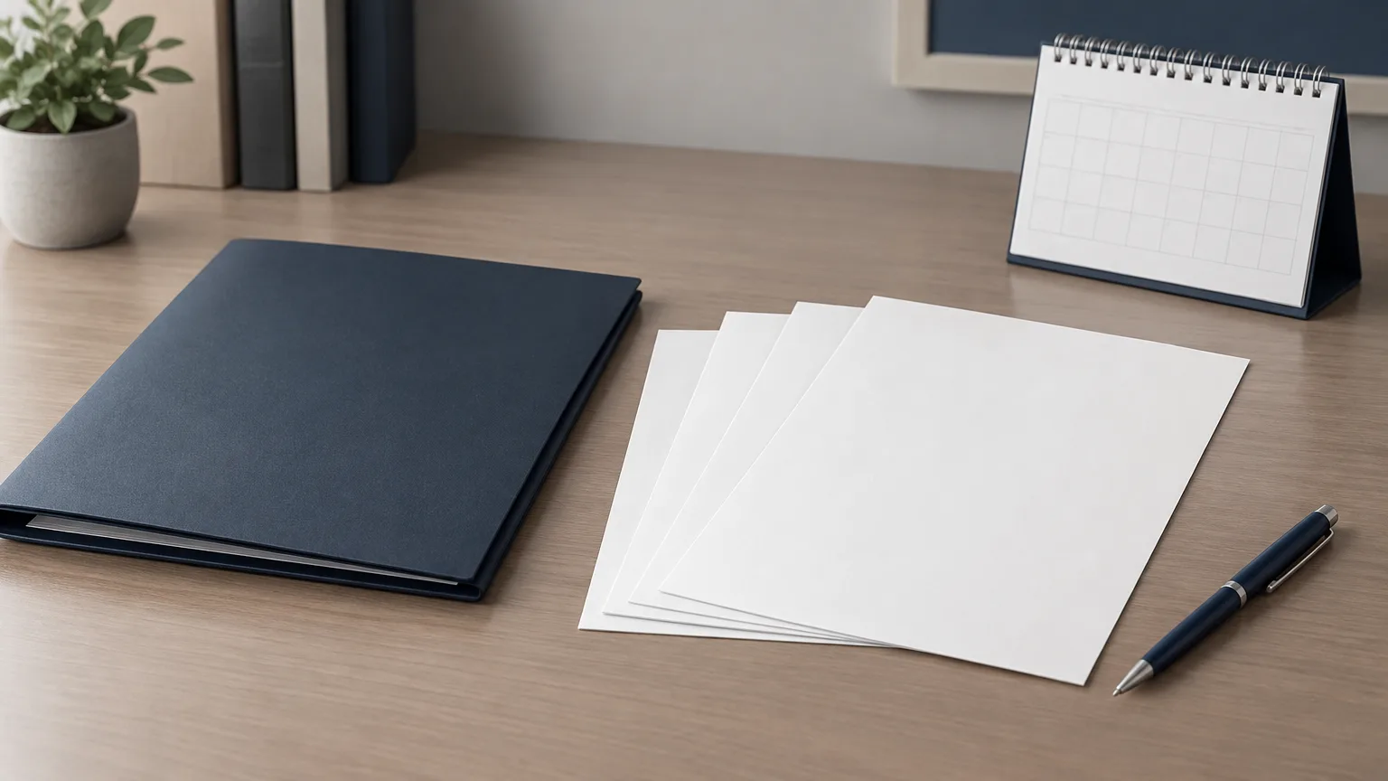 A plain folder, blank course sheets and a pen on a neutral desk, illustrating professional education requirements.