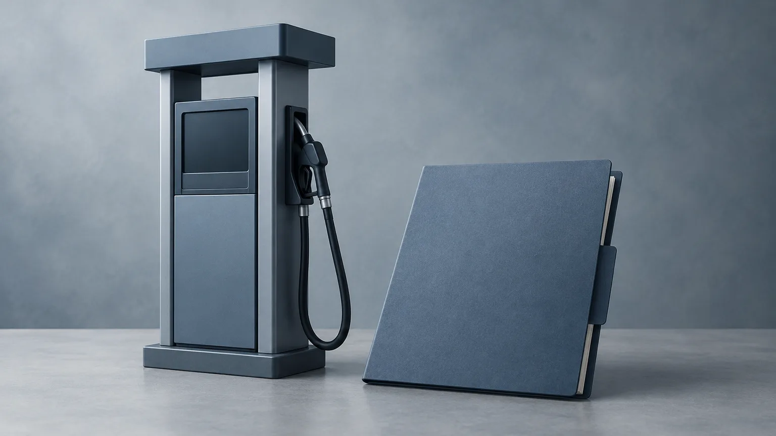 Conceptual illustration of an unbranded fuel-pump form beside a blank planning folder.