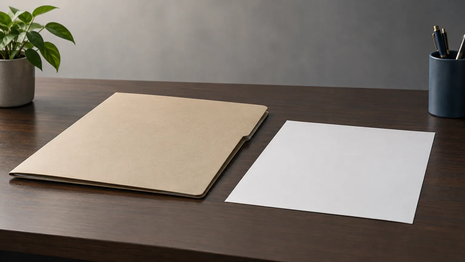 A plain closed folder and blank sheet on a desk.