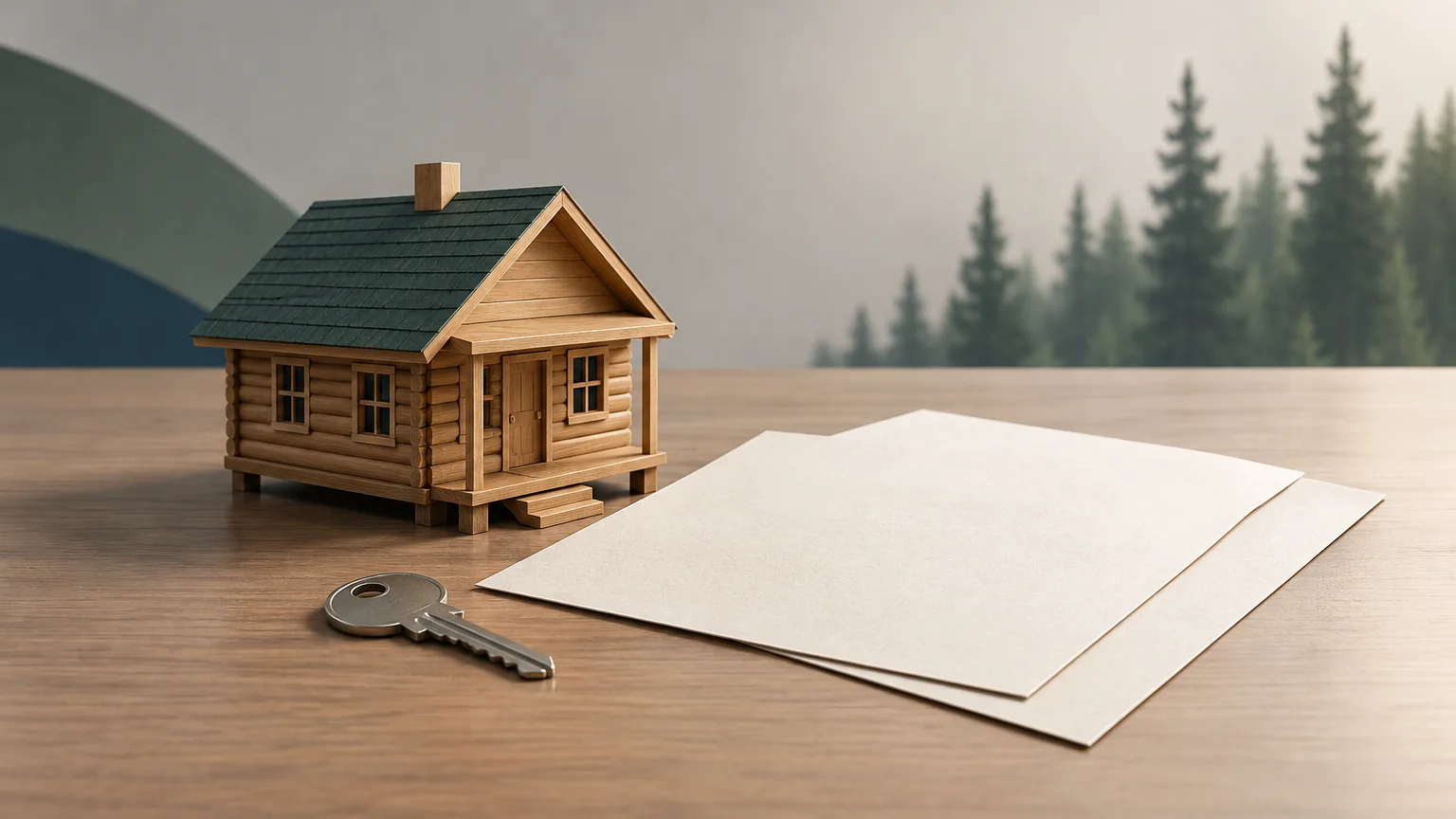 Conceptual illustration of a generic cottage model beside blank property papers and a house key.