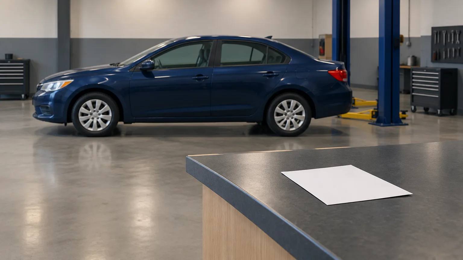 Illustration of an unbranded car in an empty repair shop with a blank sheet on the counter.