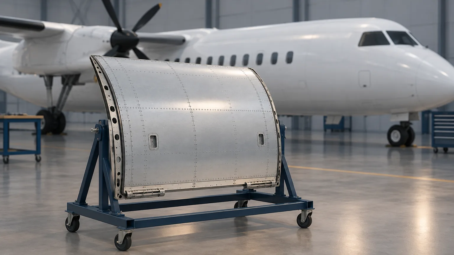 Conceptual illustration of an aircraft cargo-door panel in an unbranded hangar.