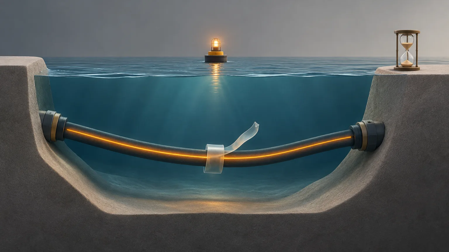Conceptual submarine power cable between generic shores representing electricity deliveries and regulatory oversight.