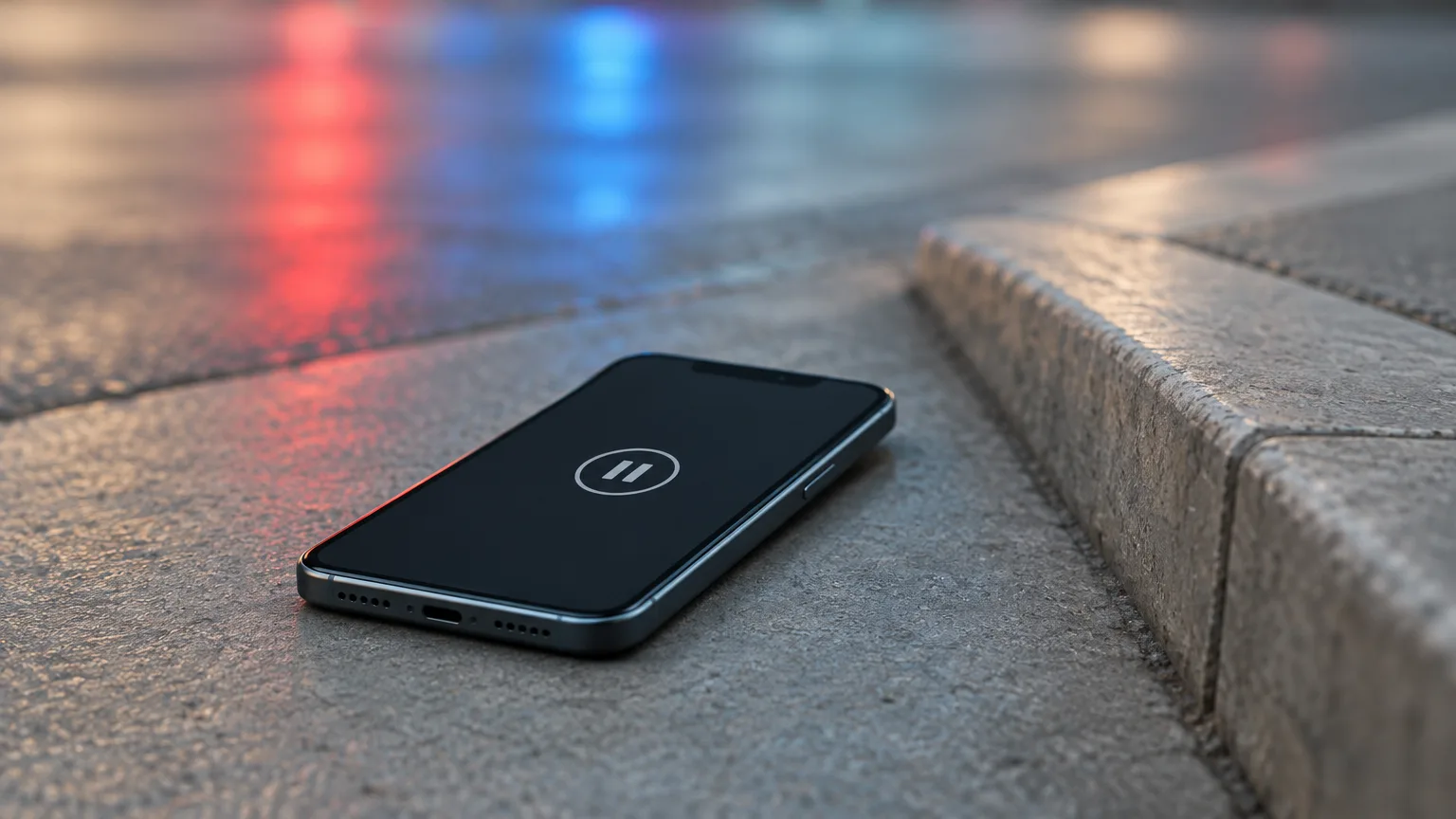 Conceptual illustration of a phone with a paused-video symbol beside a curb and blurred coloured light.