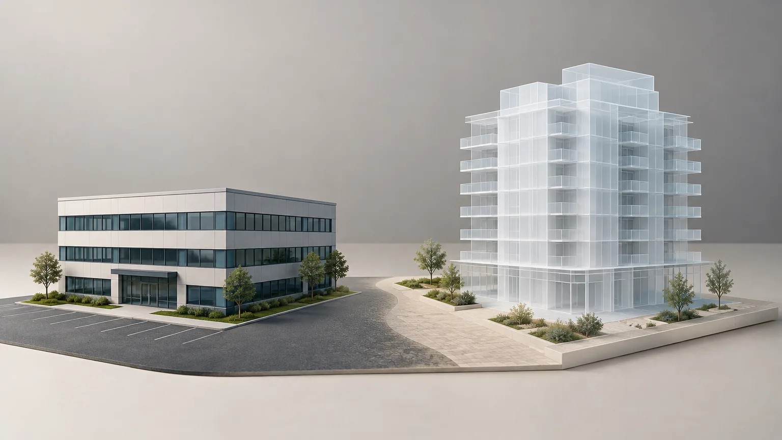 Conceptual illustration showing a transition from office rental property to condominium development.