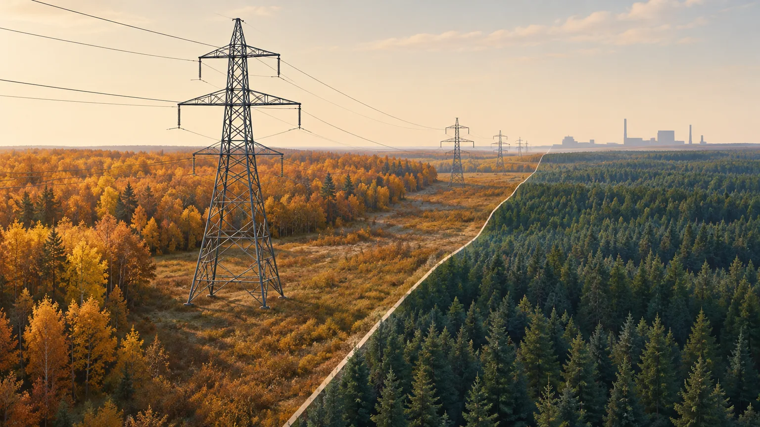 Conceptual illustration of a power-line corridor crossing forested land parcels.
