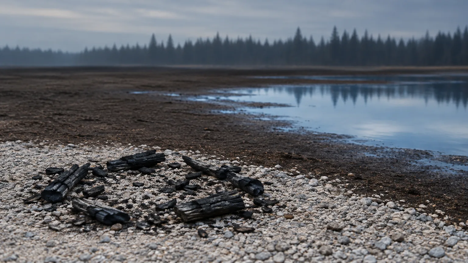 Conceptual charred wood and damp gravel illustrate a wildfire assessment and the importance of reasonable precautions.