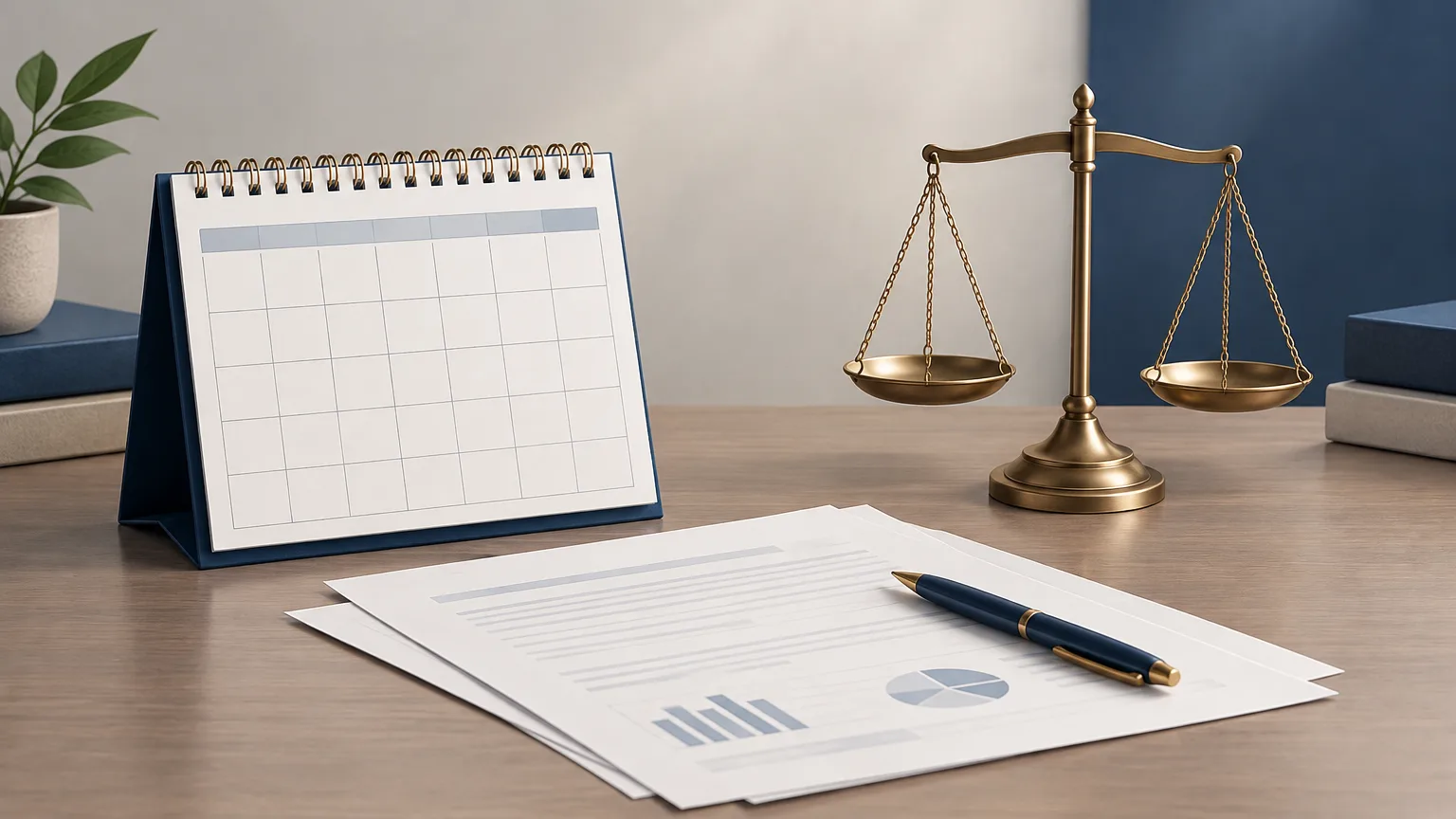 A blank calendar and financial papers sit beside a small balance scale on a desk, suggesting regular support payments under court oversight.