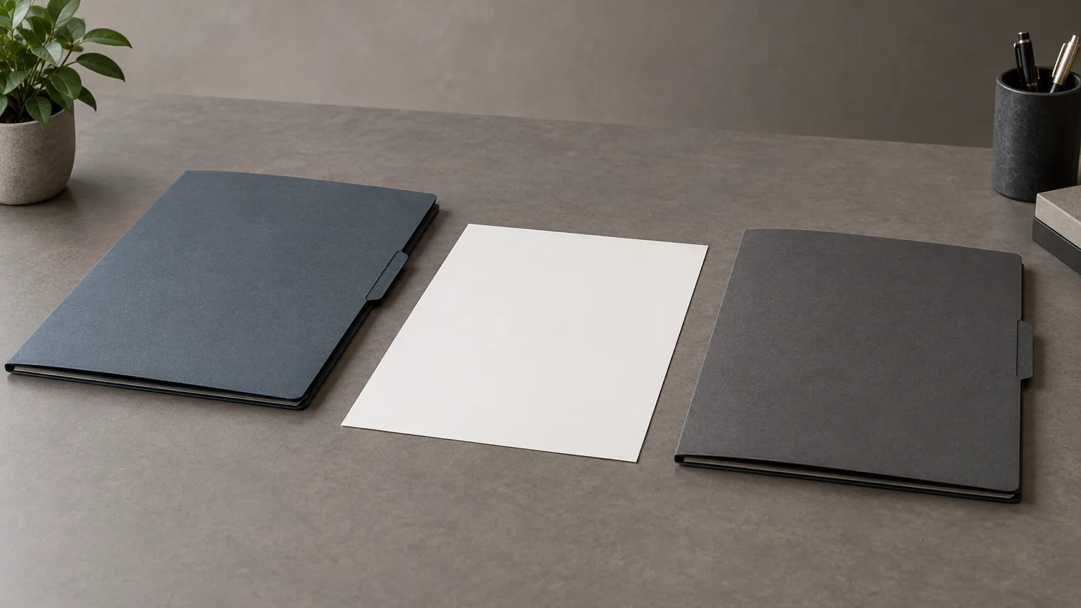 Two plain folders and a blank sheet on a desk in a conceptual illustration.