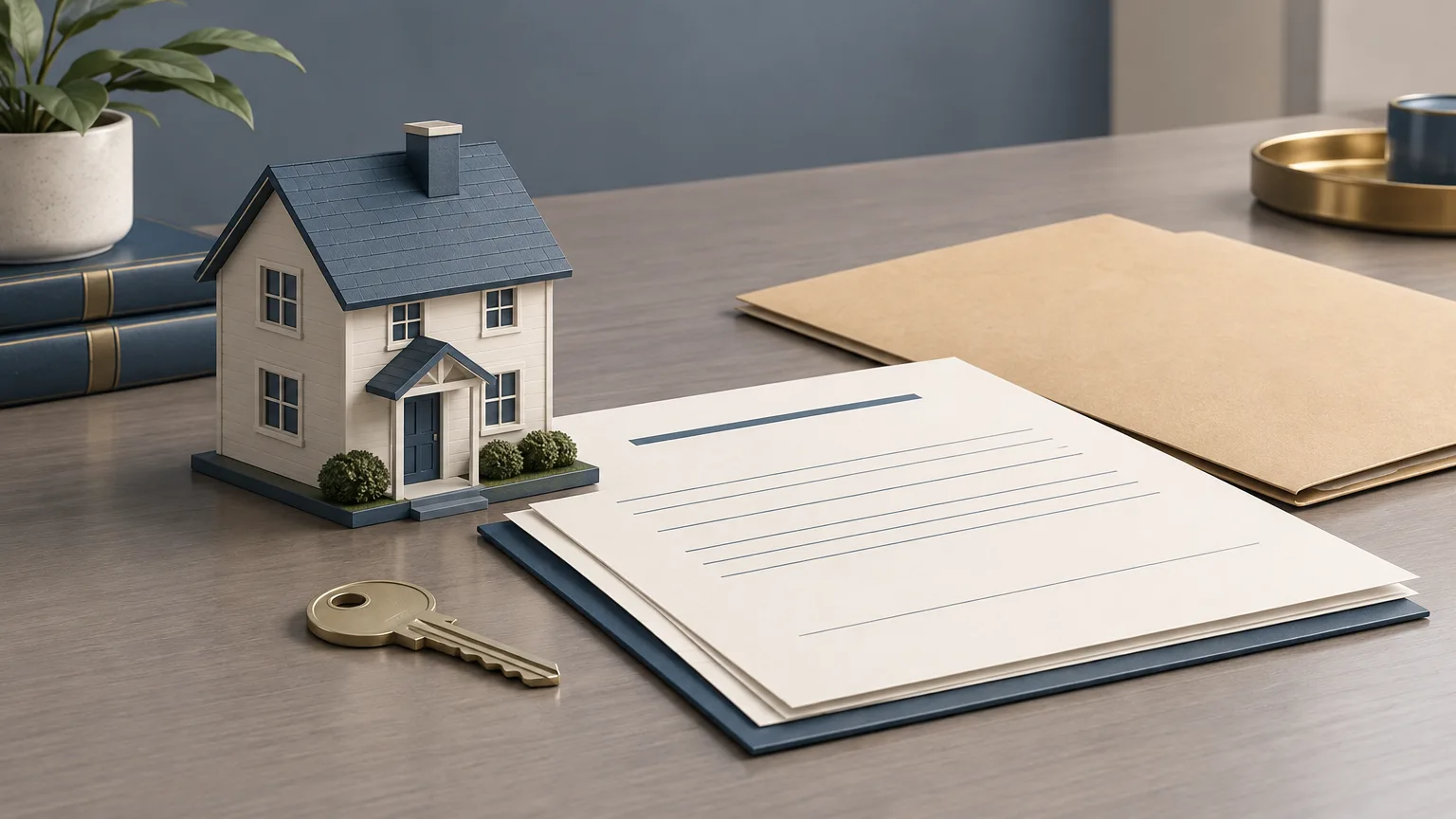 Conceptual illustration of a generic house model, key and blank mortgage paperwork representing mortgage enforcement.