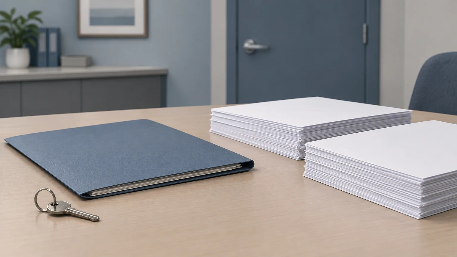 Illustration of a clinic-room key and blank documents representing separate hospital and court proceedings.