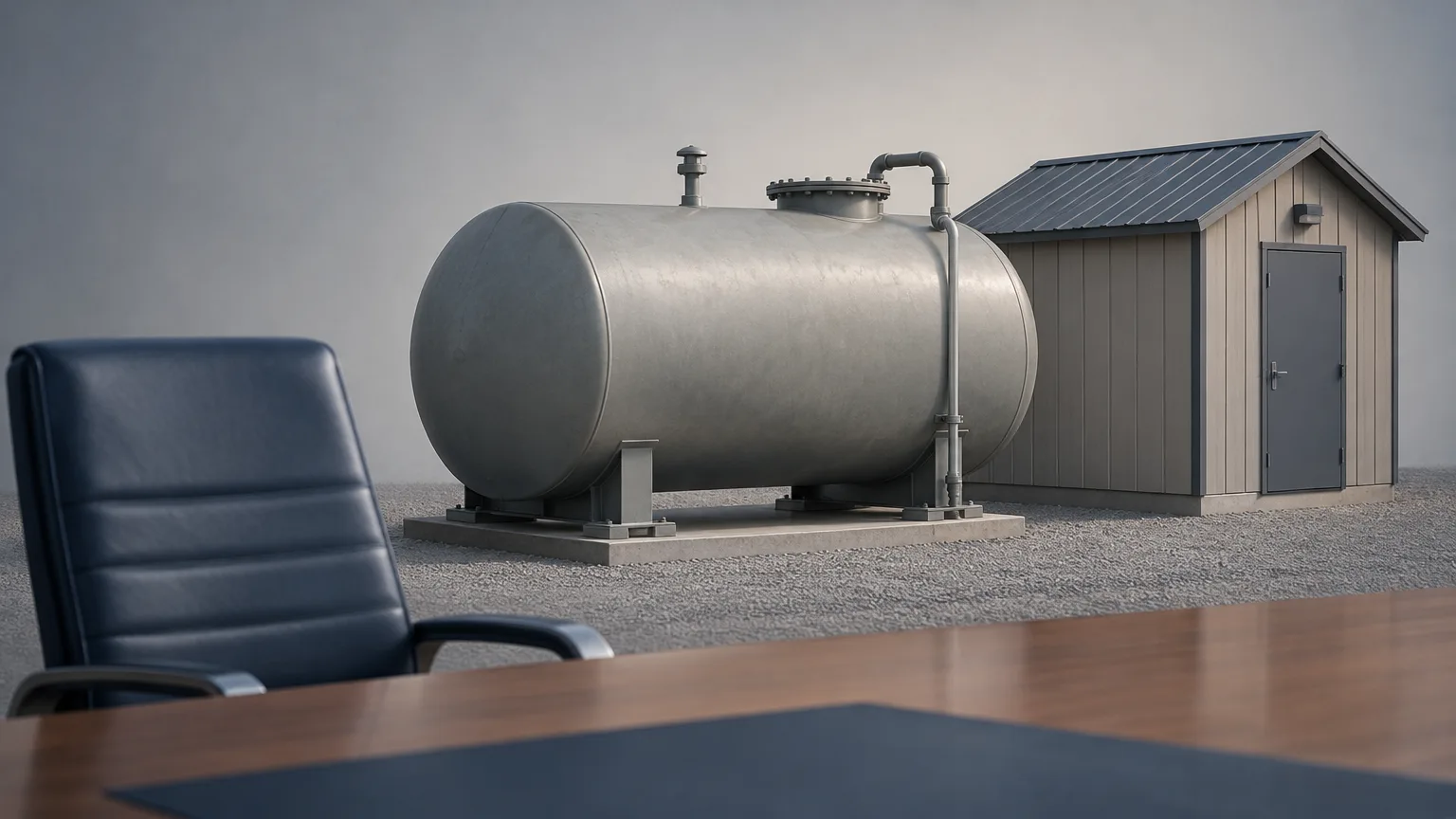 A generic heating-oil tank beside a maintenance shed and an empty chair.