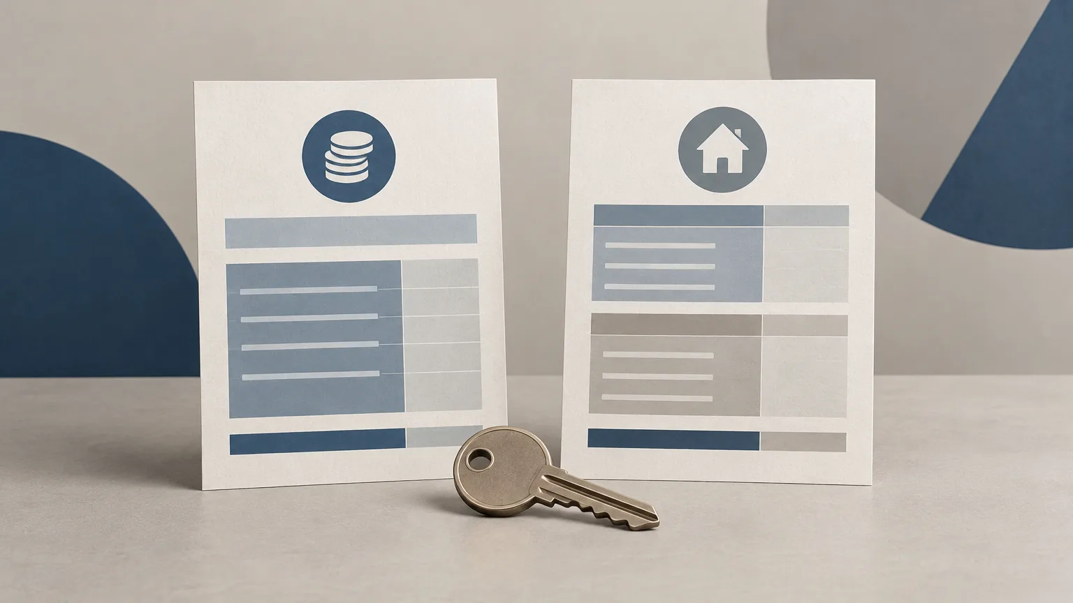 Conceptual illustration of two accounting sheets beside a generic rental key.