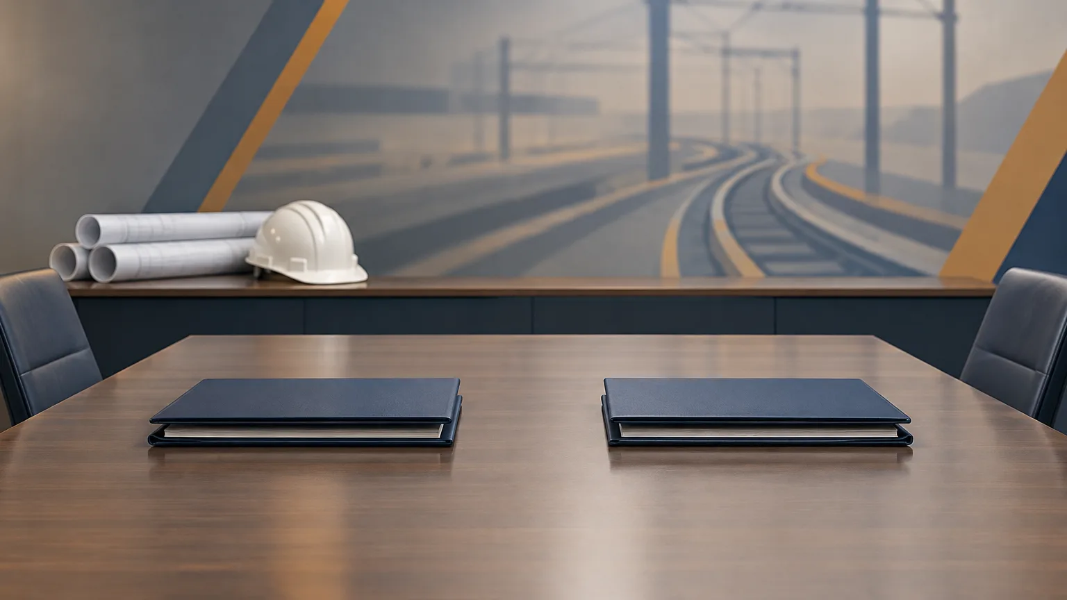 Conceptual illustration of an empty arbitration table with construction plans and a safety helmet.