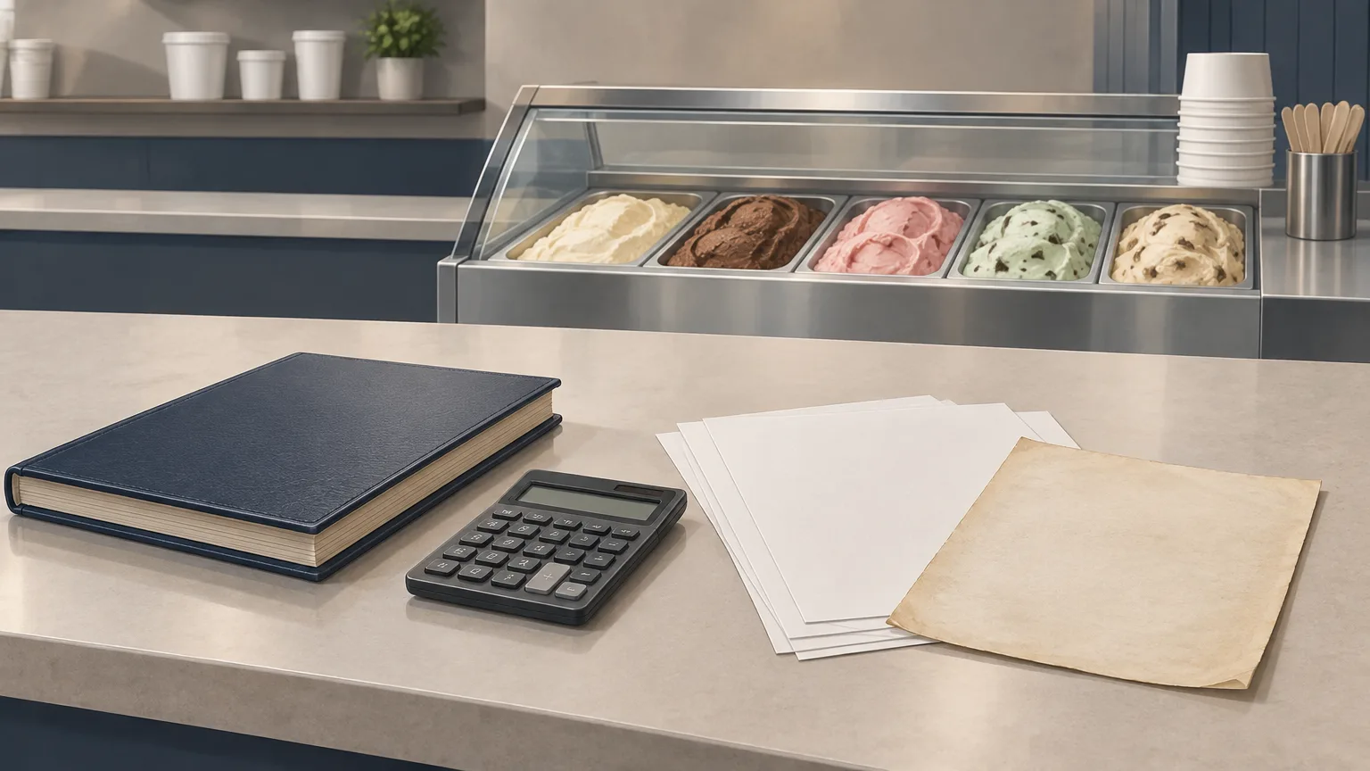 Conceptual illustration of an unbranded ice cream shop counter beside financial paperwork.