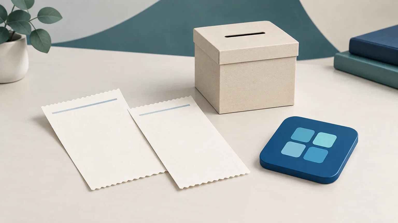 Conceptual illustration of blank donation receipts beside a donation box and a software symbol.
