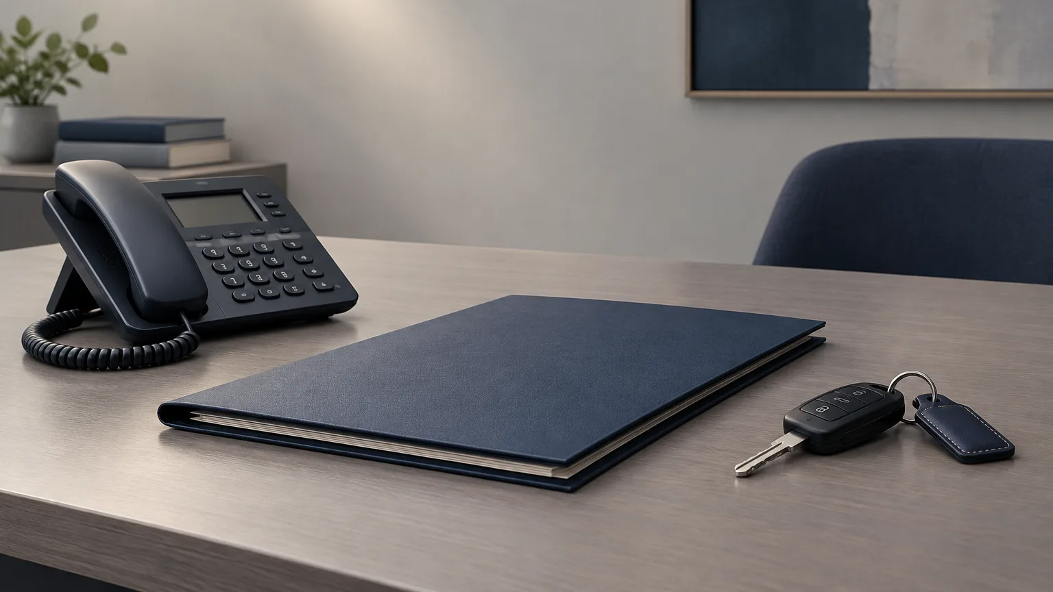 Conceptual illustration of a telephone, closed folder and vehicle keys on a neutral desk.