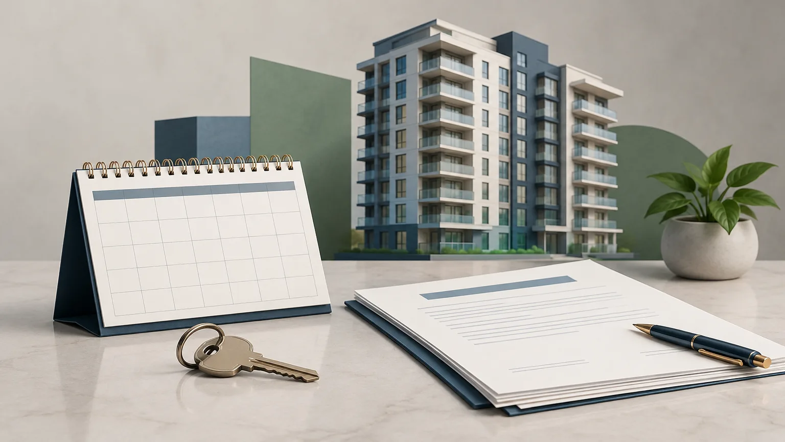 Conceptual illustration of a condominium building, key and rental calendar representing a dispute over board approval for short-term rentals.