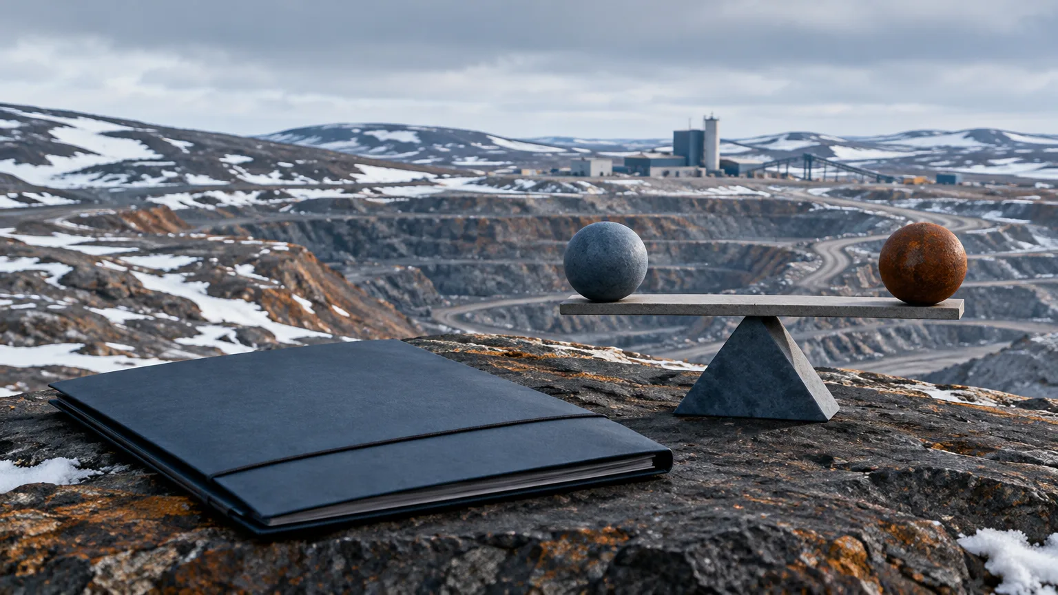 Conceptual illustration of a treeless Arctic mine landscape and an unmarked folder representing independent oversight of a sale process.