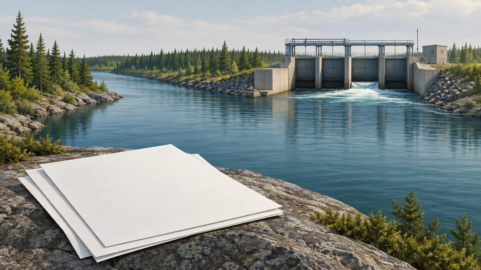 Conceptual illustration of a northern river, a water-control structure and blank licence papers.