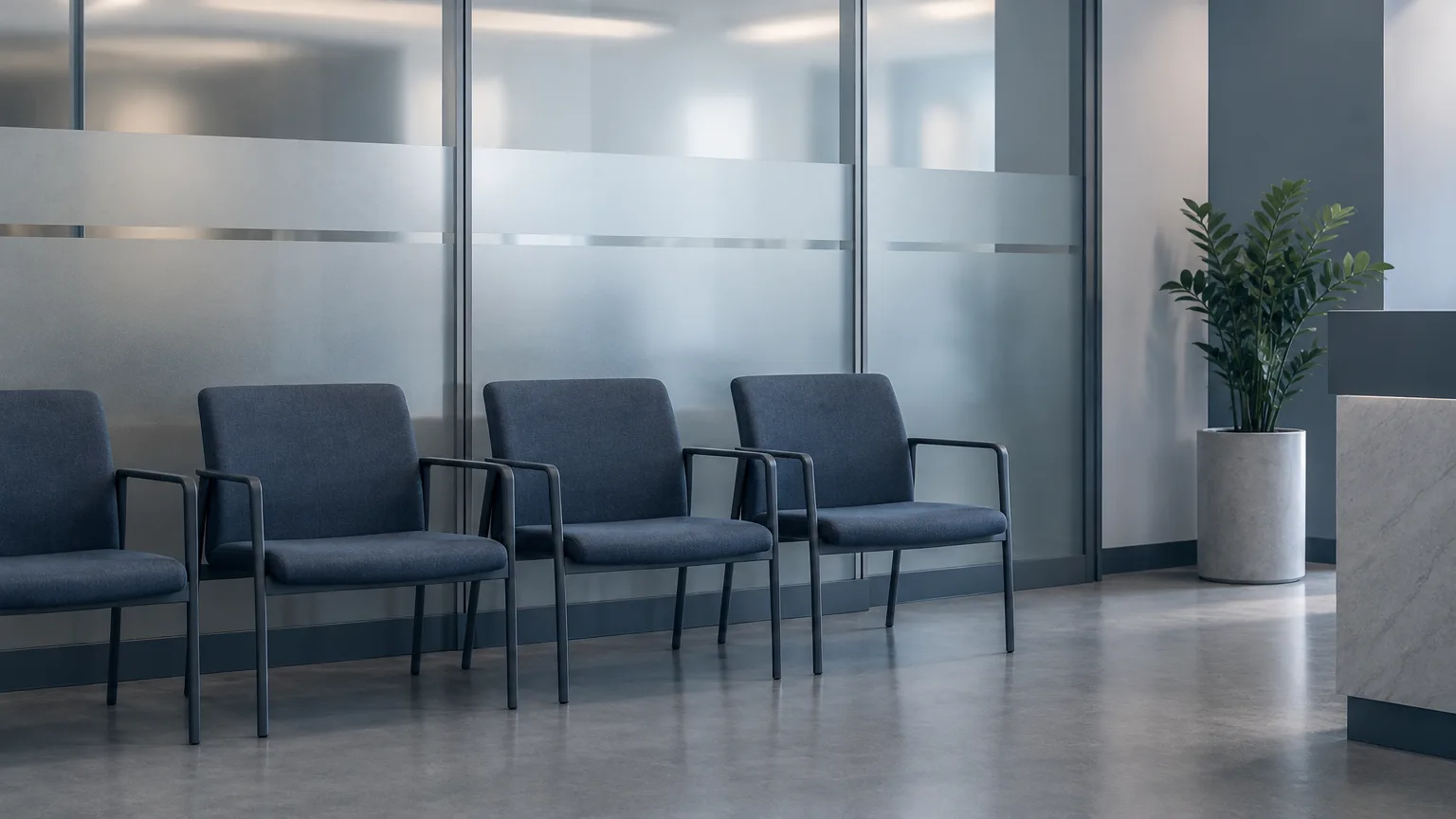 Conceptual illustration of an empty administrative waiting area with plain chairs and frosted glass.