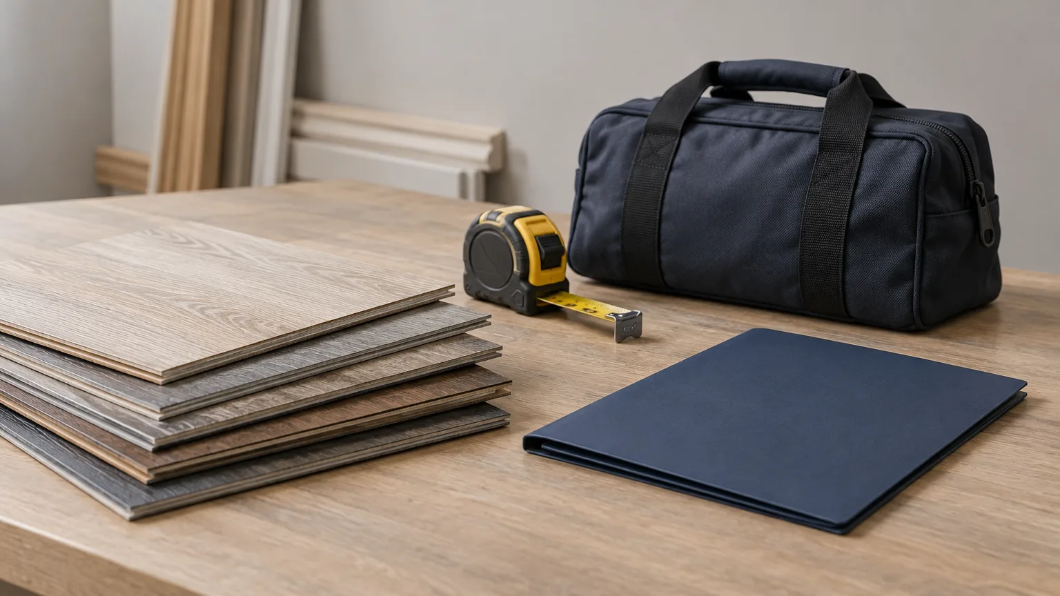 Conceptual illustration of renovation materials, tools and invoice paperwork in an unoccupied condominium; not the property in the case.