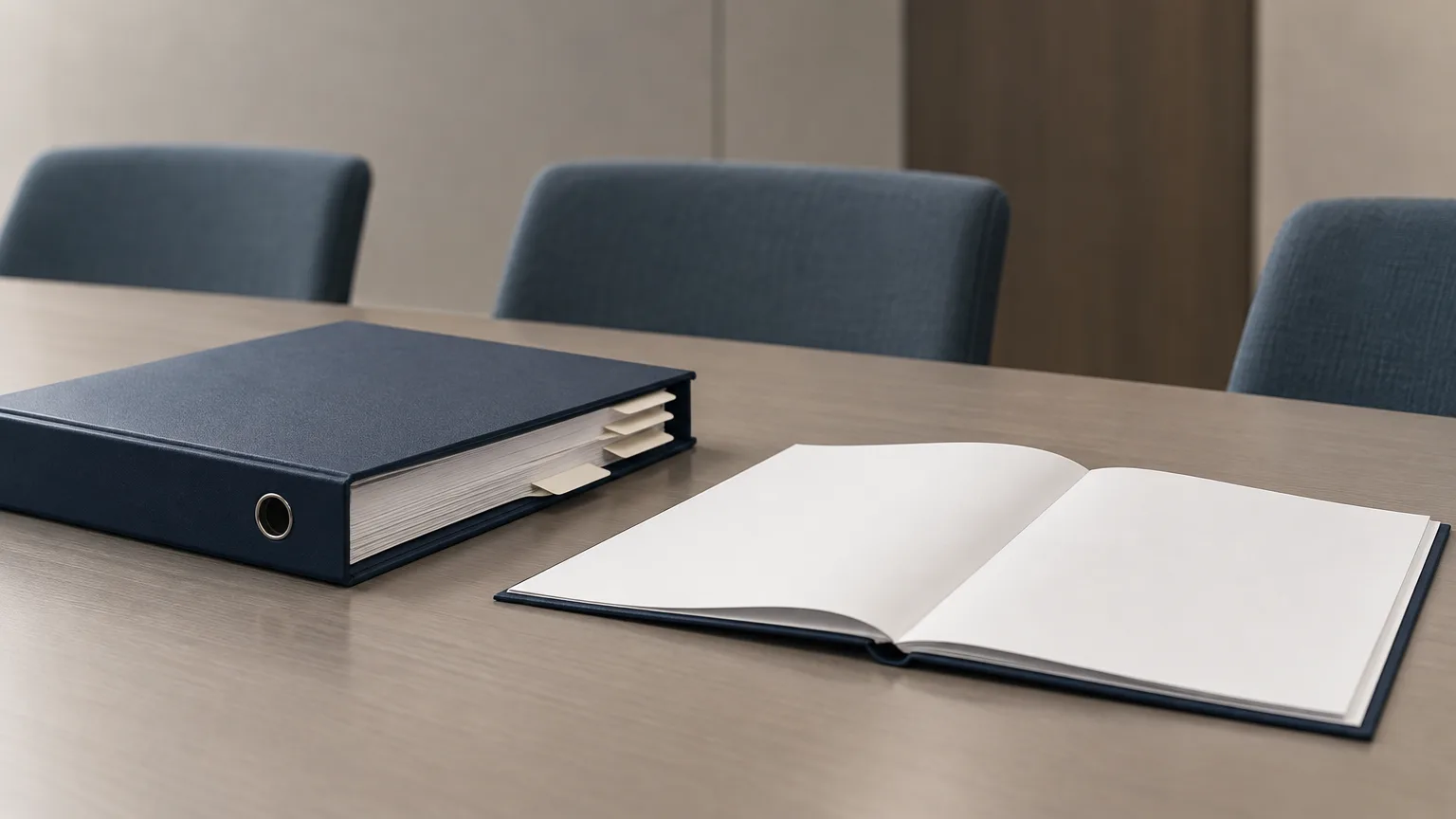 Conceptual binder and blank documents representing an association governing framework and labour certification review.