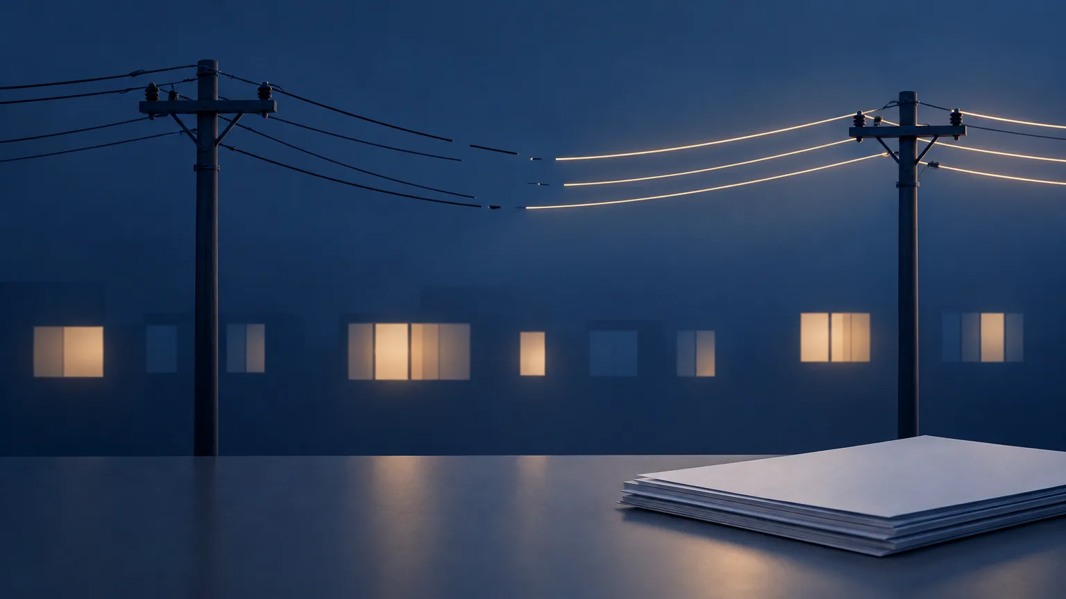 Conceptual power lines and lit windows representing electricity reliability and outage oversight.