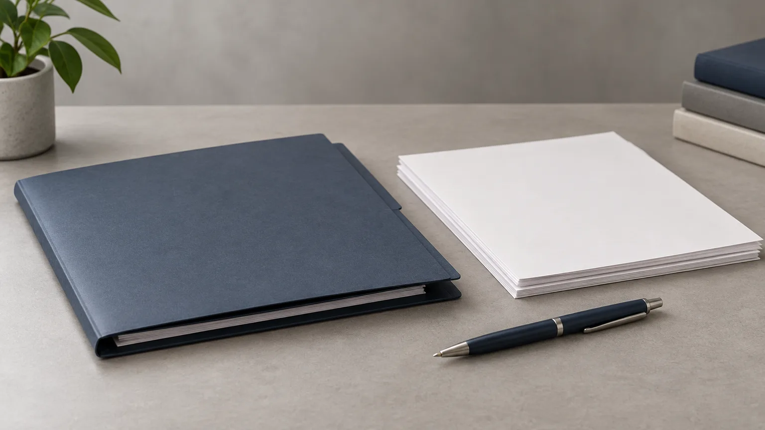 A closed plain file, blank documents and a pen on a neutral desk, illustrating professional regulation.