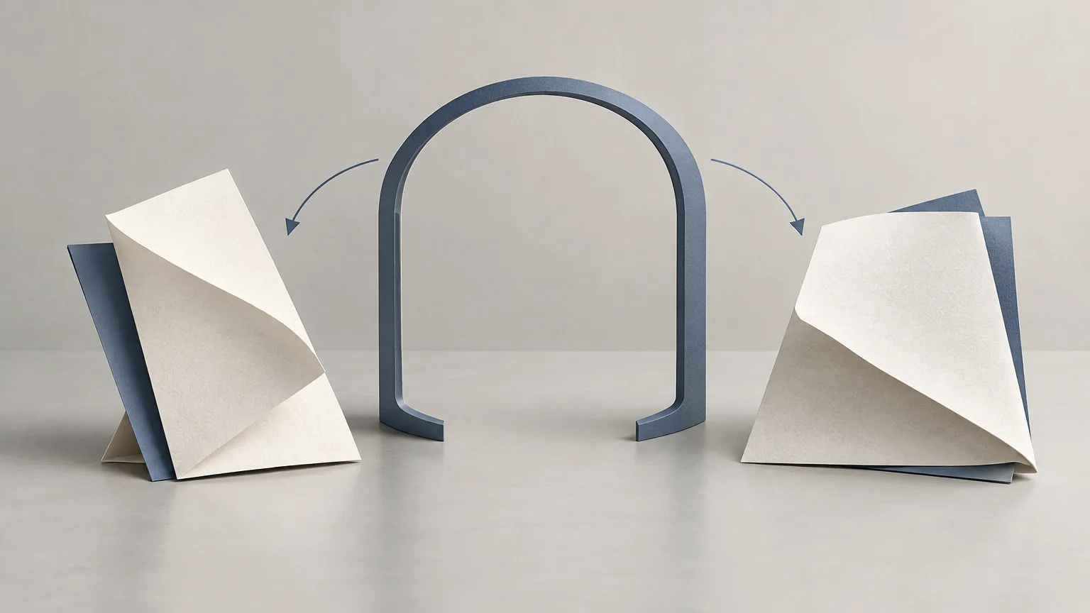 Conceptual illustration of abstract paper forms within an open frame.