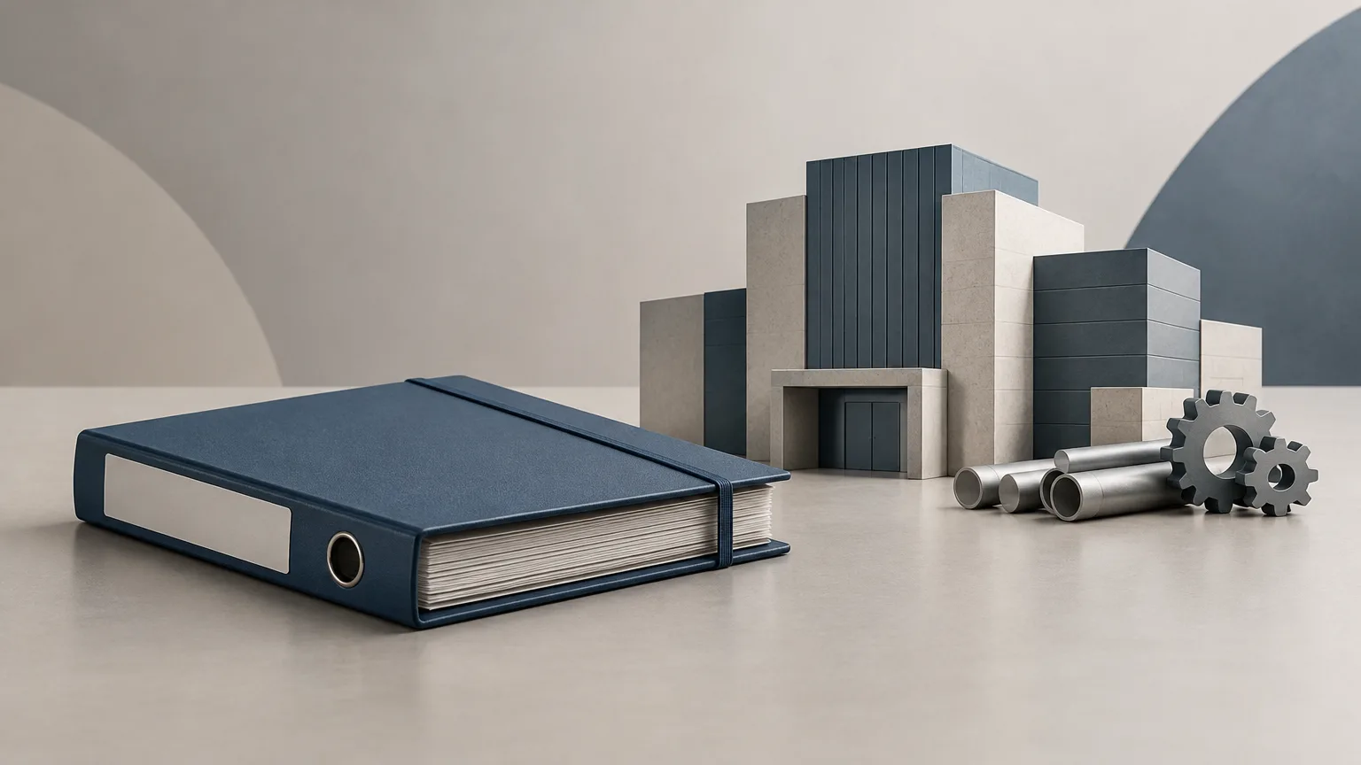 Closed blank maintenance file beside an abstract institutional building.