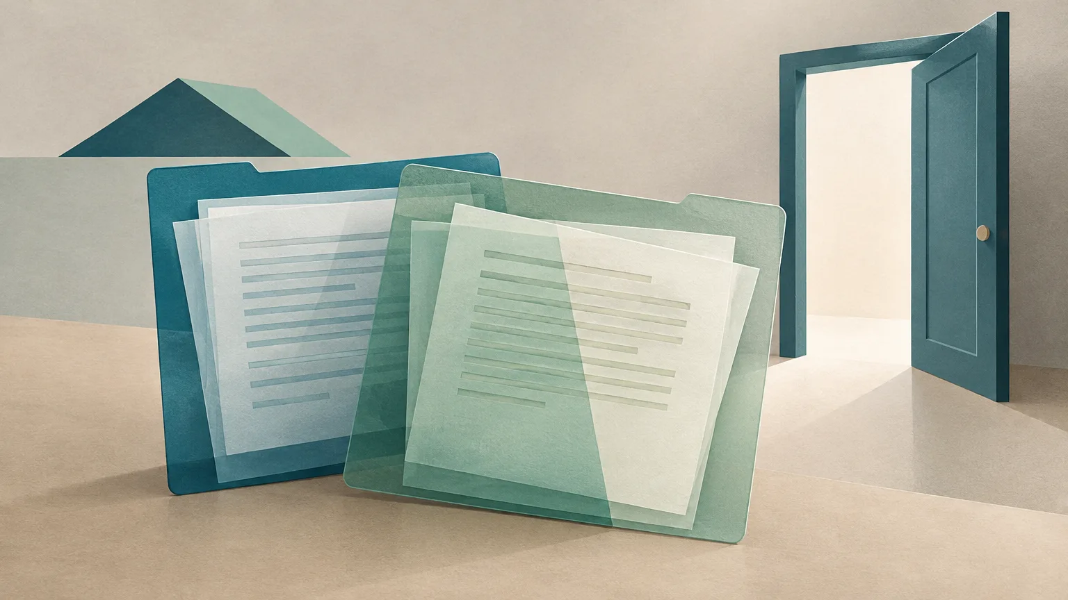 Conceptual illustration of overlapping document folders beside an abstract cottage roof.