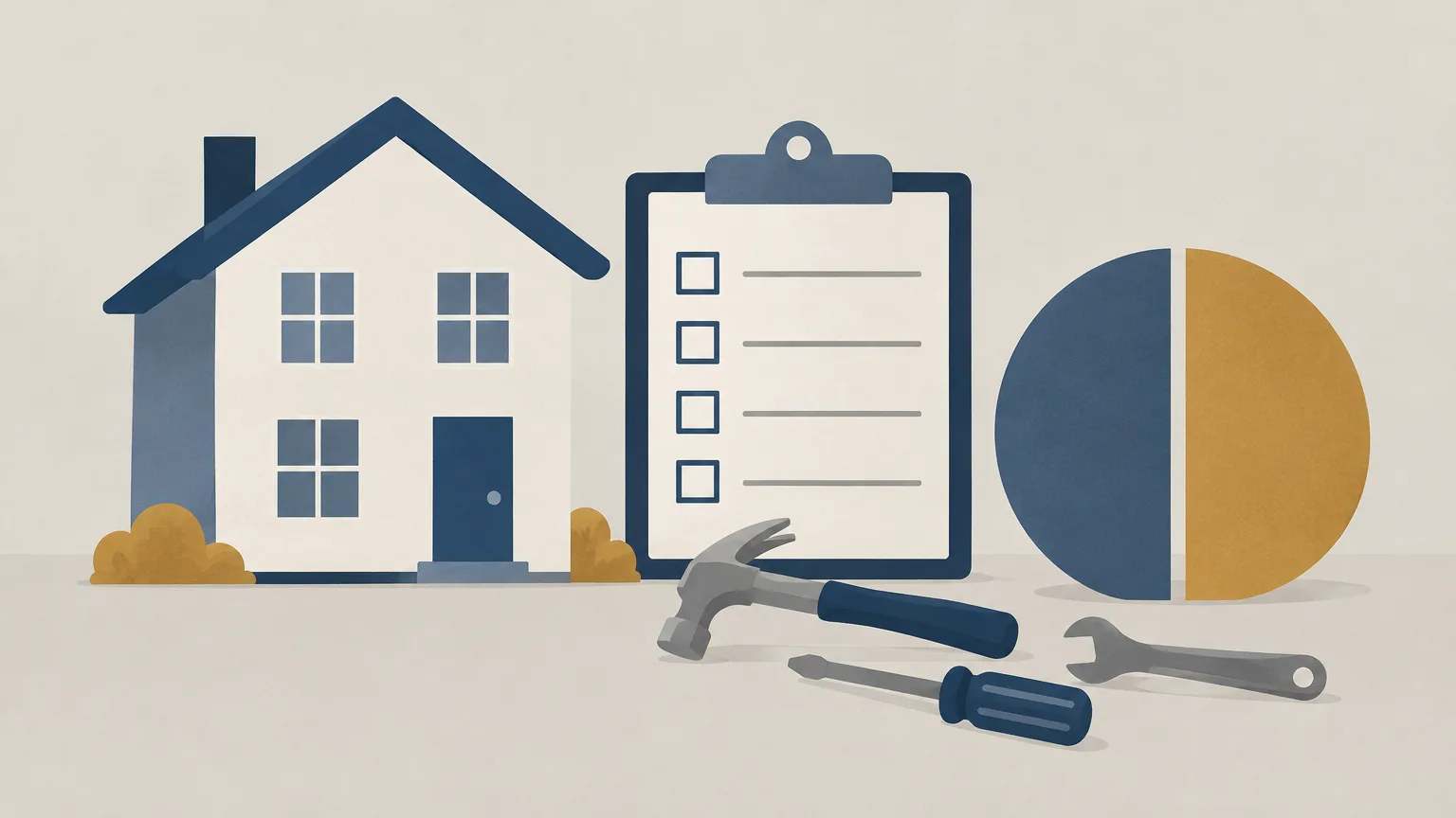 Conceptual illustration of a rental home, maintenance checklist and repair tools.