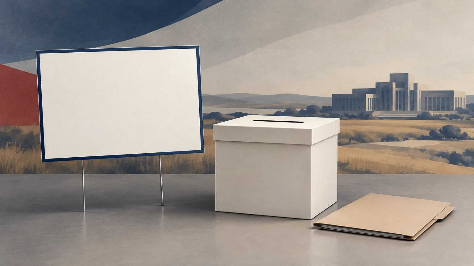 Conceptual illustration of a blank election sign and ballot box against an Alberta landscape.