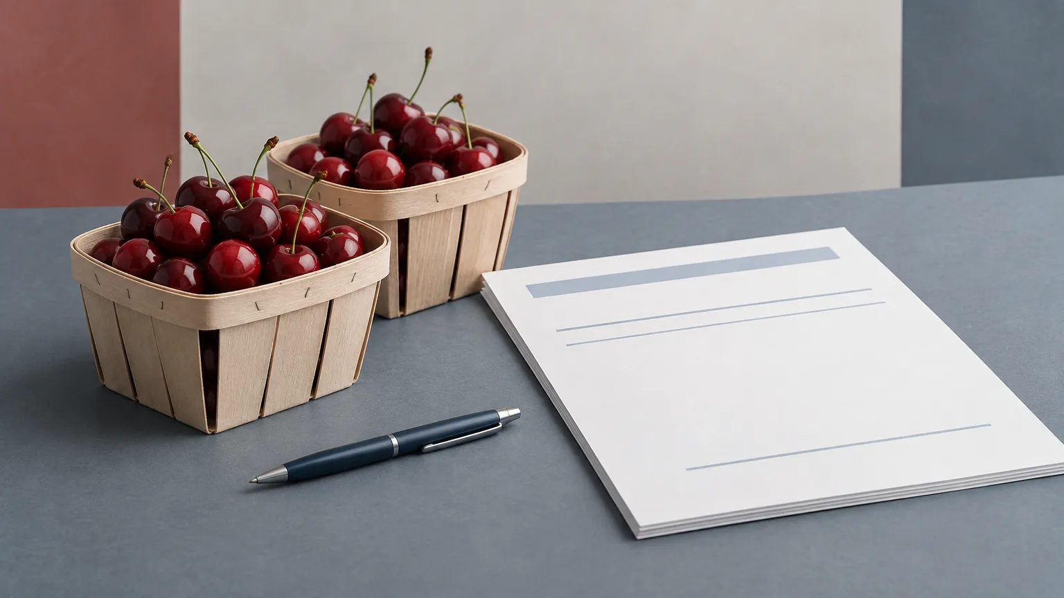 Conceptual illustration of cherry baskets beside an employment-document outline.
