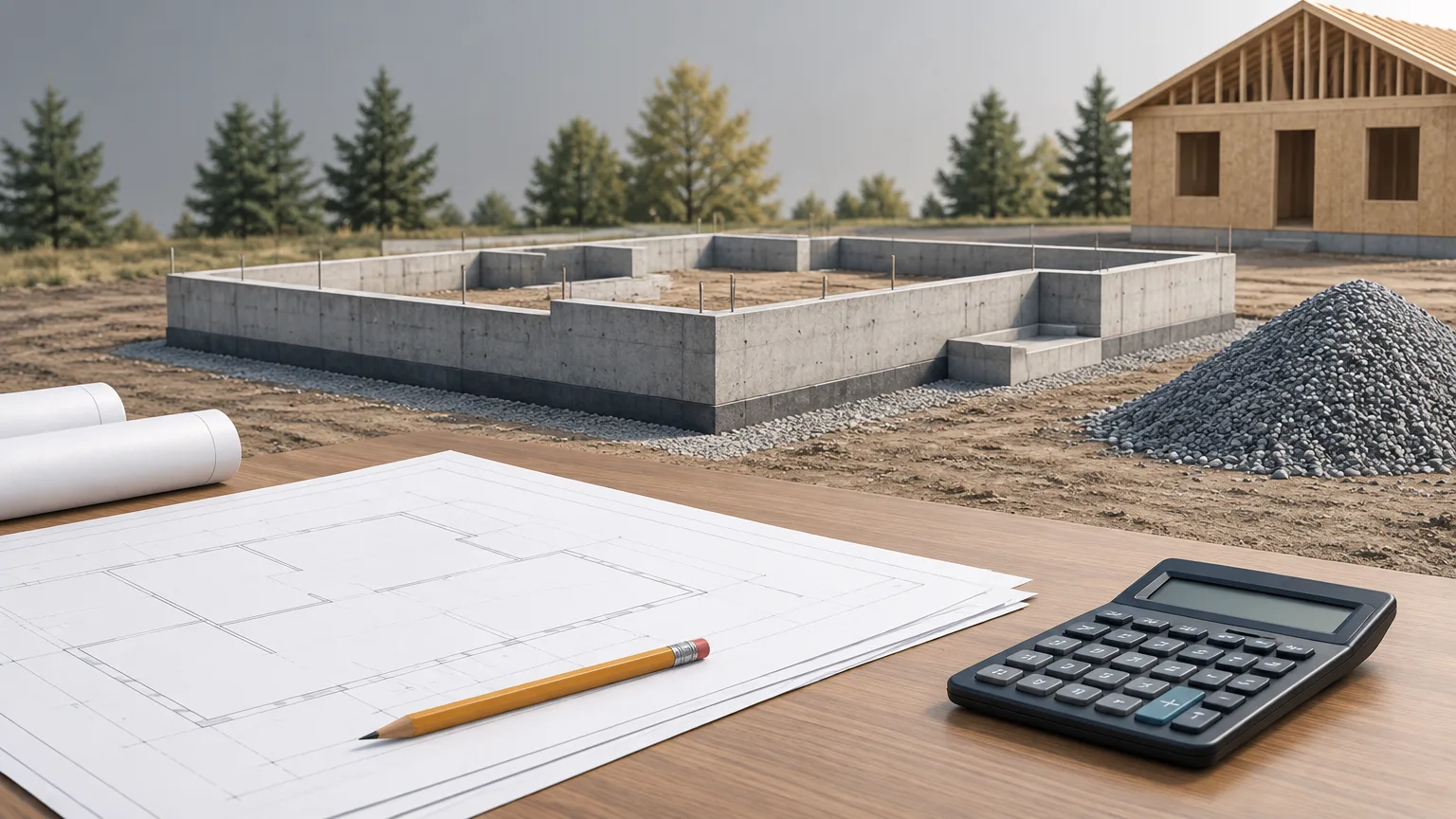 Conceptual illustration of a house under construction with aggregate and blank building plans.