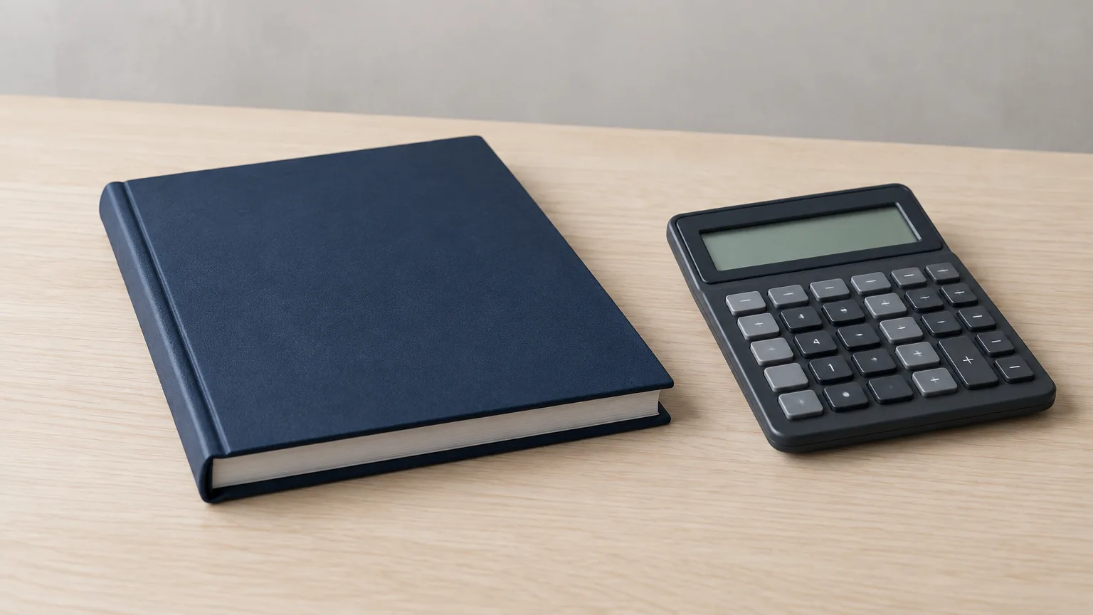A closed plain ledger beside a calculator on a neutral desk.