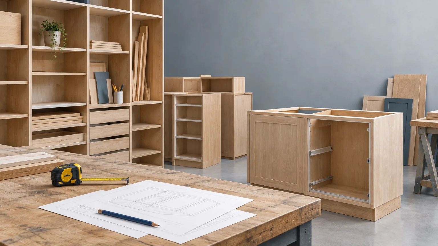 Conceptual illustration of an unbranded cabinetry workshop with closet shelving, unfinished cabinets and a measuring tape on a workbench.
