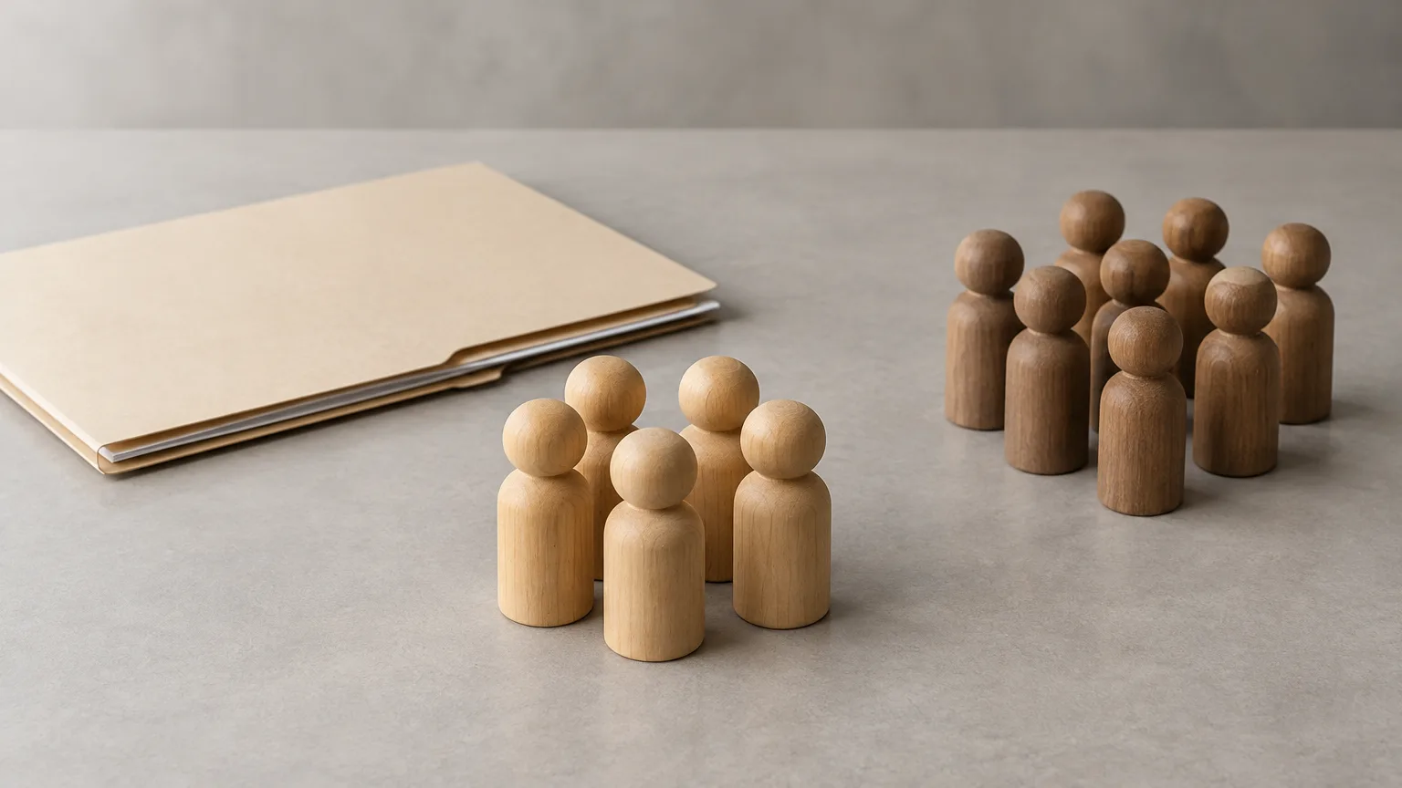 Conceptual wooden tokens and a blank folder representing an occupational bargaining unit.