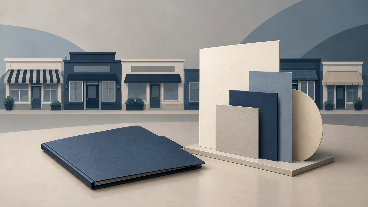 Conceptual illustration of generic storefronts and a plain insurance folder, representing a business-interruption settlement.