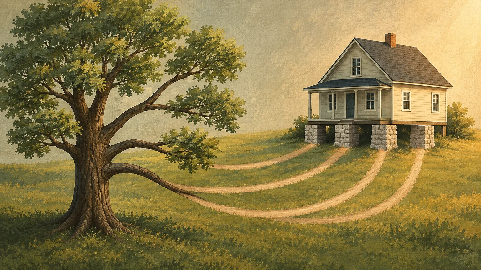 Conceptual rural homestead with four branching shadows representing shared inheritance interests.