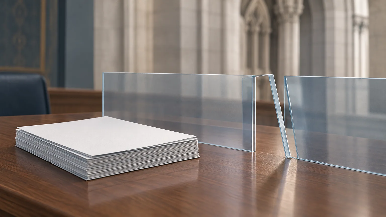 Illustration of blank court papers with Canadian parliamentary architecture in the background.