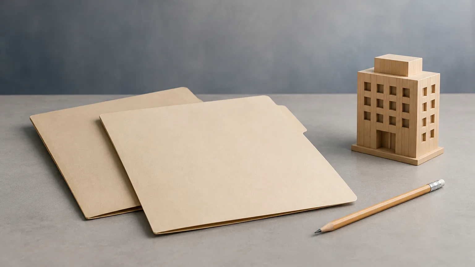 Conceptual blank folders and a pencil representing correction of an employer name in a labour application.
