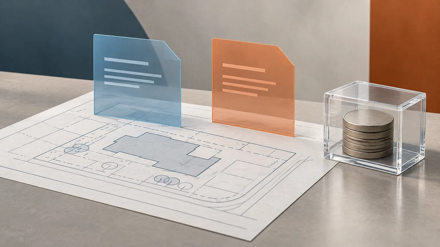 Conceptual site plan and protected tokens representing construction holdback security.