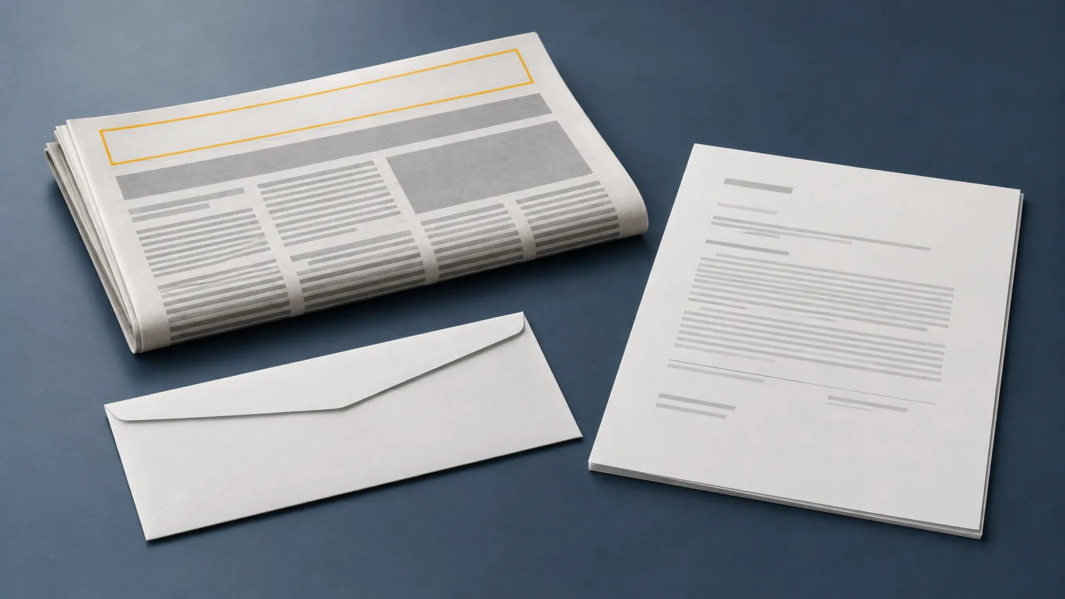 Unbranded newsprint and a notice envelope illustrating a procedural issue in a defamation case.
