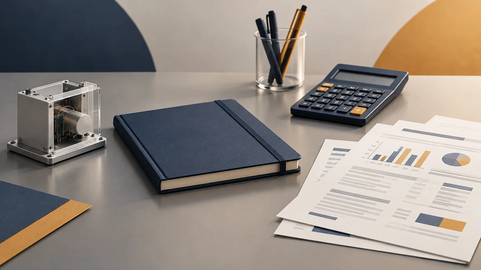 Conceptual illustration of a research workstation, notebook and tax paperwork.