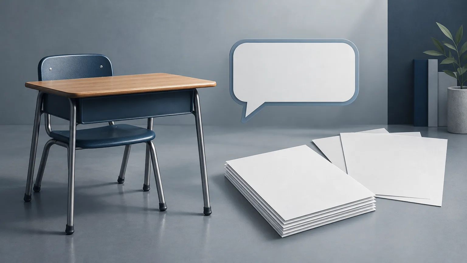 Conceptual illustration of an empty classroom desk beside a digital speech bubble.